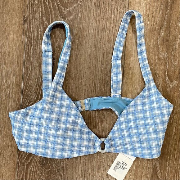 Jonathan Simkhai  Blue Plaid Adjustable Bikini Top Large Preppy Swimwear NWT - Picture 3 of 5